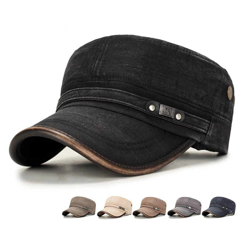 

Fashion Men Flat Hat Autumn Male Solid Caps Cotton Hat with Wide Brim Spring Wind Protcetion Hats Comfort Sweatband Military Cap