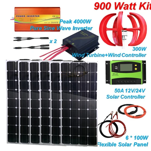 900 Вт комплект солнечной системы: 600 Вт комплект гибких солнечных панелей+ 300 Вт Ветрогенератор+ 4000 Вт Инвертор+ 60А Солнечный контроллер+ аксессуары
