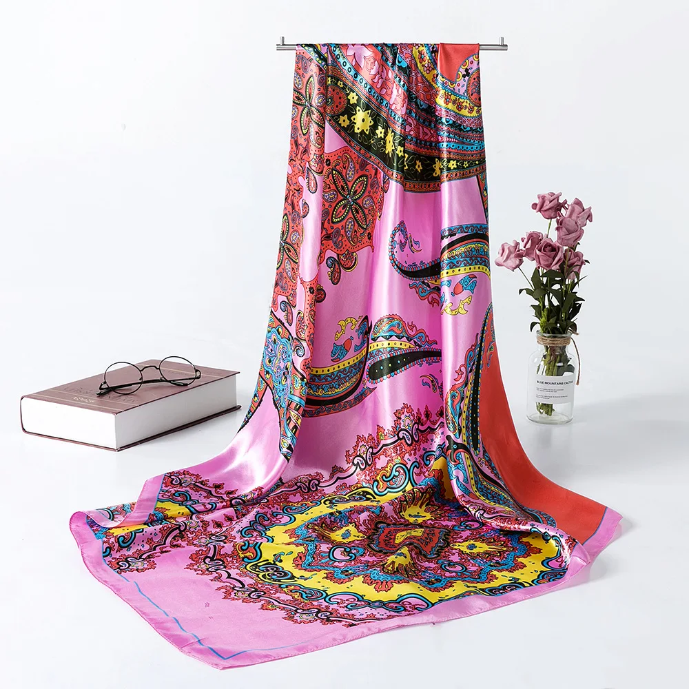 rose red Стильный хиджаб, женский шарф, роскошный бренд, искусственный атлас, шелковые шарфы, платок, квадратный платок,, новая мода, шаль, 90*90 см - Цвет: rose red