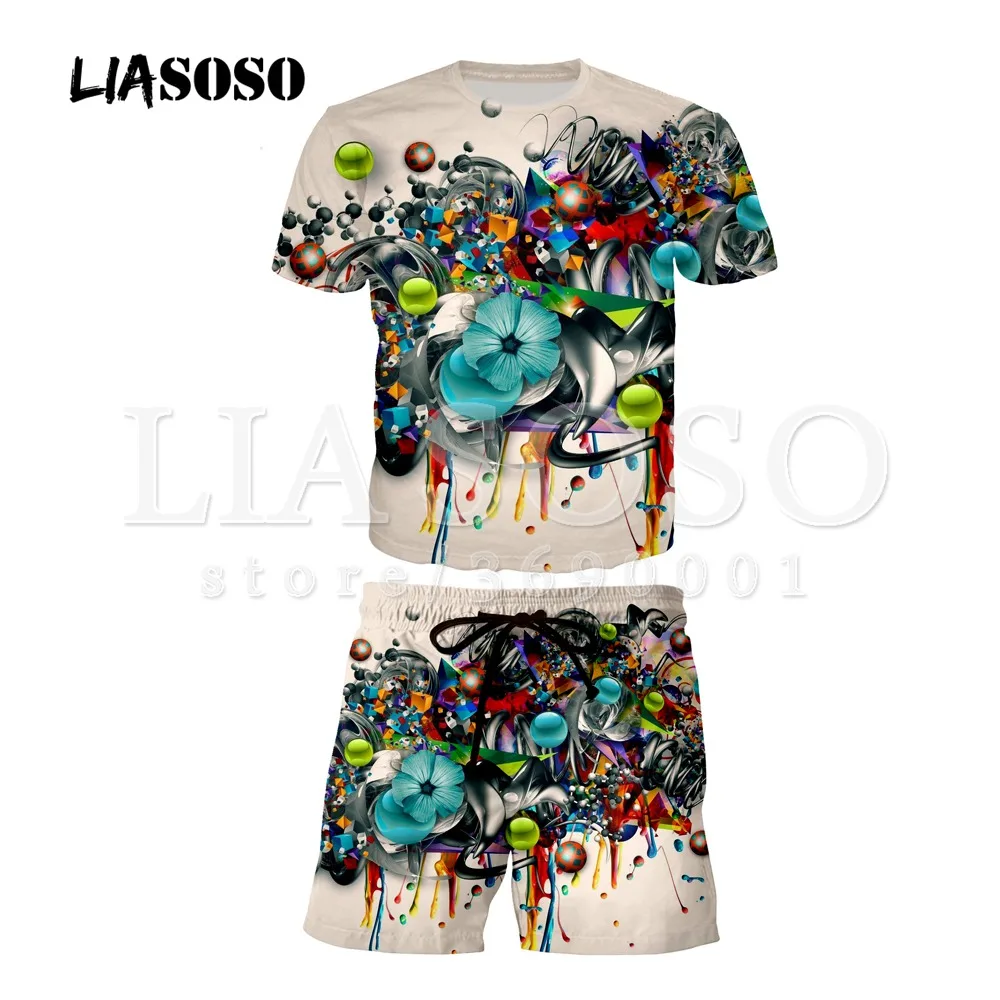 

LIASOSO 2018 3d Print Fashion Man Women Creative Funny Colourful Flower Drop Short Pants Sets Beach Casual Tshirt Shorts X0508