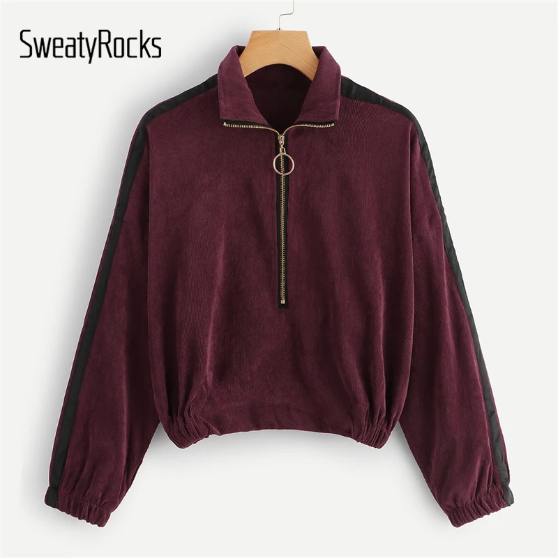 SweatyRocks بورجوندي البريدي نصف بلاكيت كودري البلوز التباين الشريط الجانب الوقوف طوق 2018 الخريف عارضة المرأة المحاصيل قمم