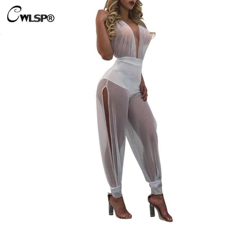 CWLSP 3 Color Sexy Hollow See through Mesh Jumpsuit 2018 Summer rompers