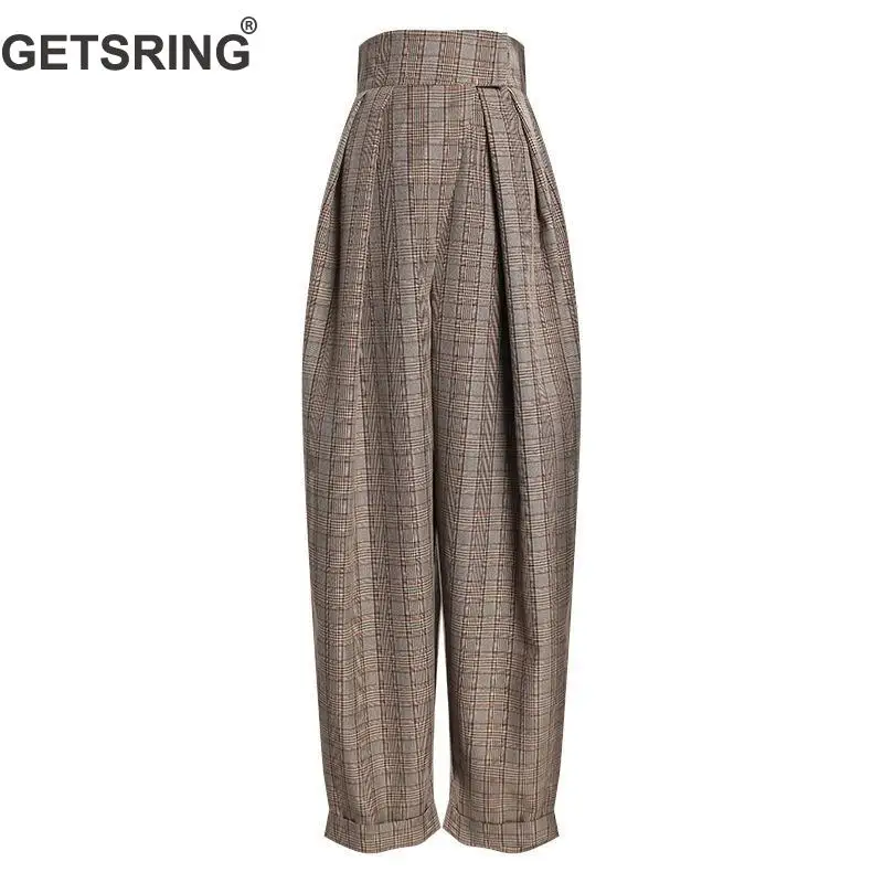

GETSRING Women Trousers Retro Plaid Long Trousers Hook & Loop High Waist Loose Wide Leg Pants All Match Woman Pants Spring 2019