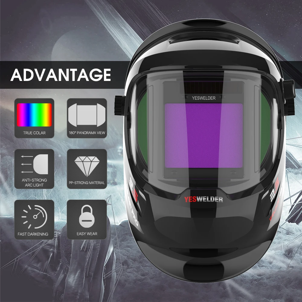 

Panoramic 180 Large Viewing True Color Solar Powered Auto Darkening Silver Welding Helmet with SIDE VIEW