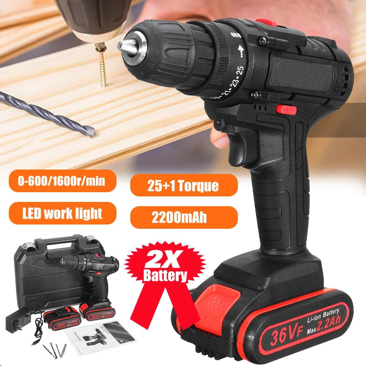 

Newest 25+1 Torque 36V Electric Screwdriver Cordless Drill With Battery Rechargeable DIY Home Hand Drill Power Tools 2200mAh