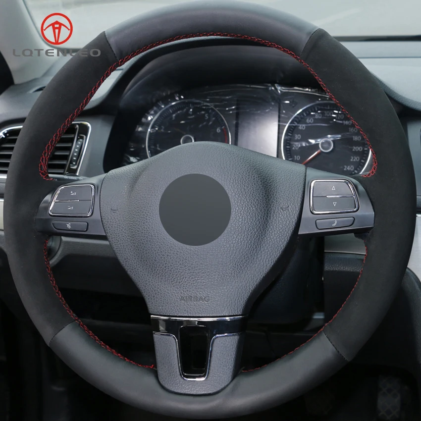 LQTENLEO Black Suede Genuine Leather Car Steering Wheel Cover for