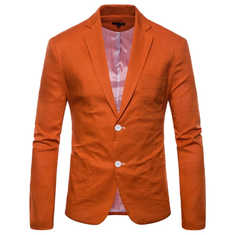 Блейзеры мужские Лен дышащий однобортный Пиджак Приталенный мужской костюм пальто Бизнес Свадьба размера плюс 4XL белый красный - Цвет: Orange