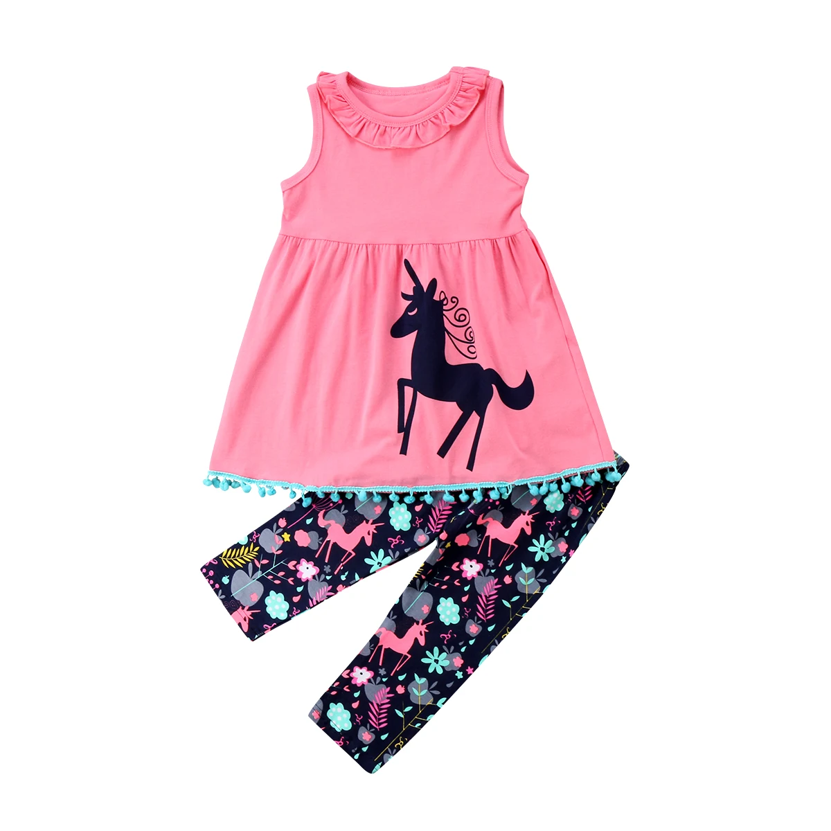 

Summer Horse Pink Kids Baby Girl Outfit Set Unicorn Clothes Dress Tops T-shirt+Floral Trousers Pants