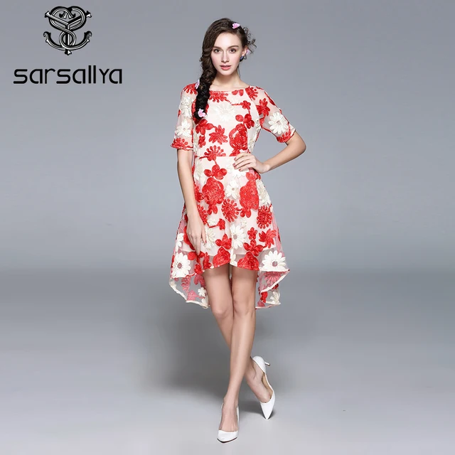 SARSALLYA Новый Модельер Женщины Колен Vintage Тонкий Оболочка Великолепный Кружева Вышивки Dress