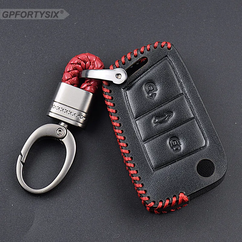 

Genuine Leather Car Key chain ring cover case keyfob holder car styling For Skoda Octavia A7 RS Smart remote key car Accessories