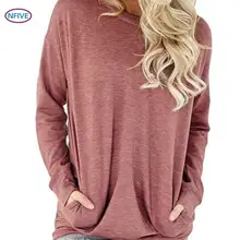 NFIVE бренд женские свободные средние футболки Европейский Весна Осень рубашка с круглым вырезом сплошной цвет длинный рукав карманная футболка