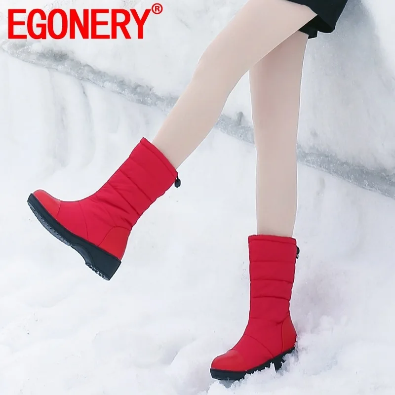 

EGONERY woman shoes winter new concise round toe snow boots outside warm comfortable mid heels platform plus size ladies shoes