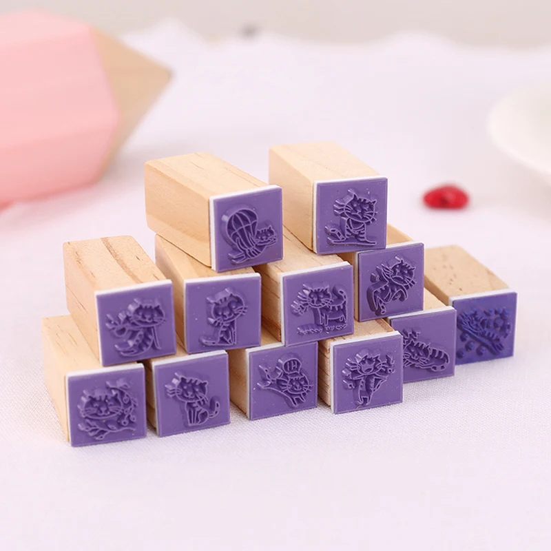 12 шт./кор. Мини милый штамп с котенком DIY Деревянные и резиновые штампы для