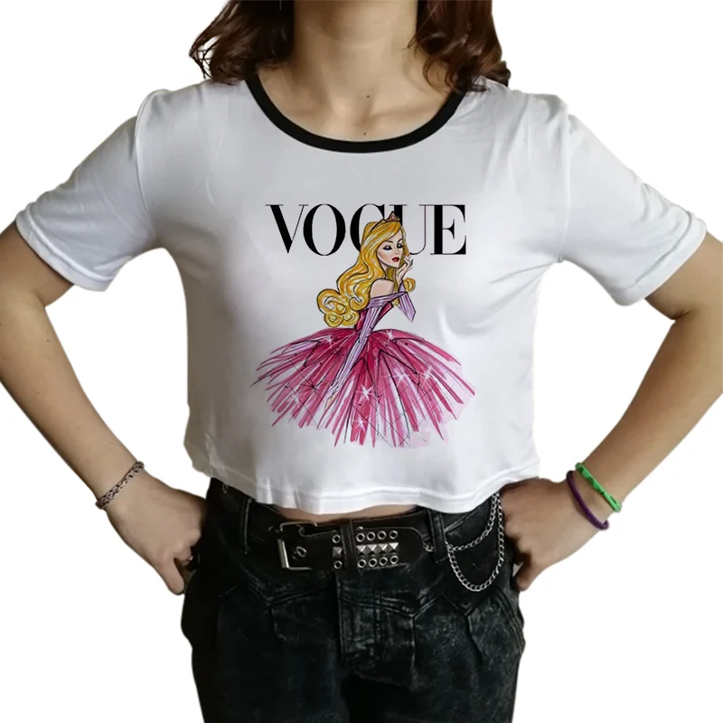 Summer Women T-shirt Casual Tops Funny VOGUE Princess Letter Print Crop Top O-Neck Short Sleeve Harajuku Shirt Female T-shirt