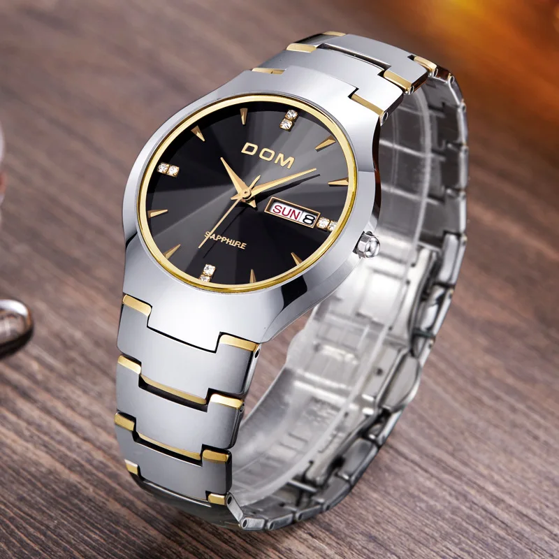 

men's clocks DOM brand new men tungsten steel watches quartz luxury diamond man wristwatches calendar week waterproof black rose