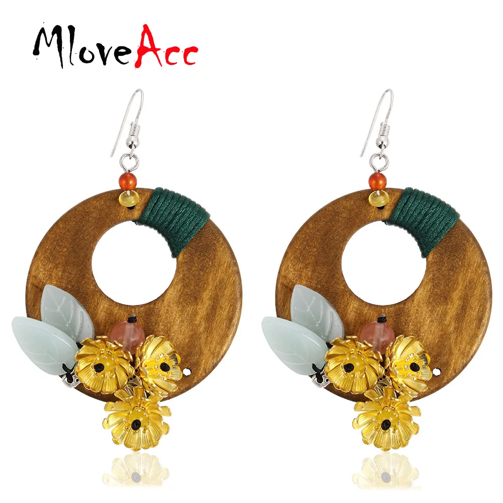 

MloveAcc Exaggerated Handmade Round Wooden Dangle Earrings Women Original Ethnic Yellow Copper Flower Earrings Costume Jewelry