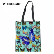 WHEREISART женская сумка для покупок, холст, 3D принт бабочки, супермаркет, Повседневная сумка для покупок для девочек-подростков, вместительная сумка Mujer