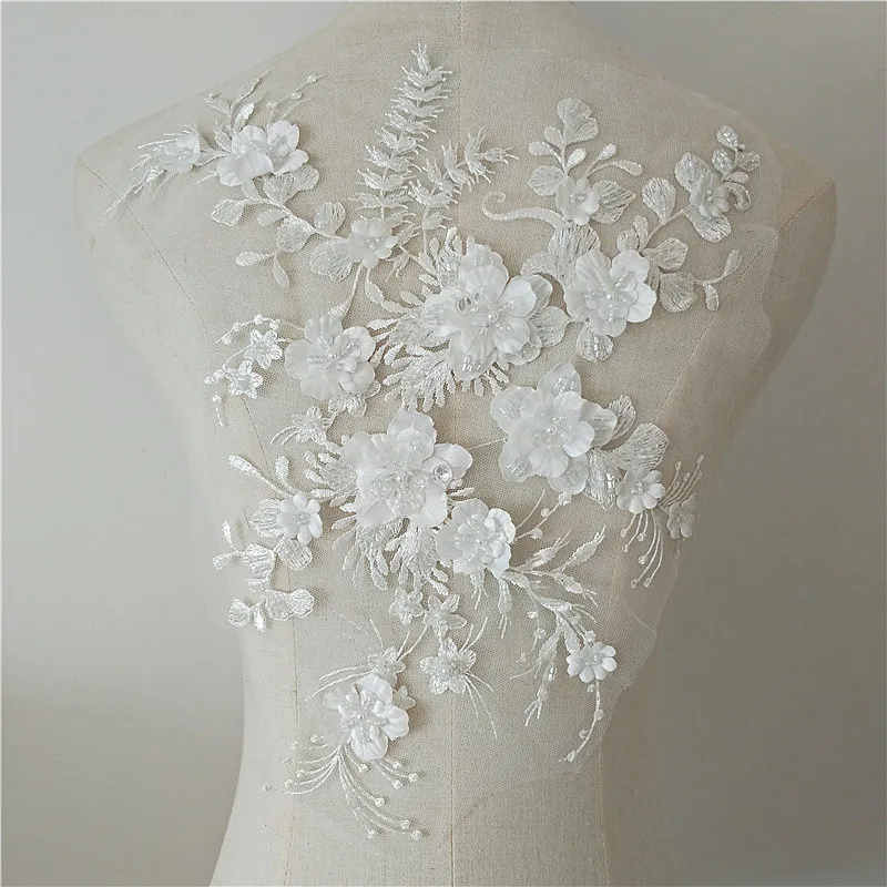 

2 pieces Delicate 3D pearl heavily beaded flower lace applique in peach navy black gray off white blue wine red champagne