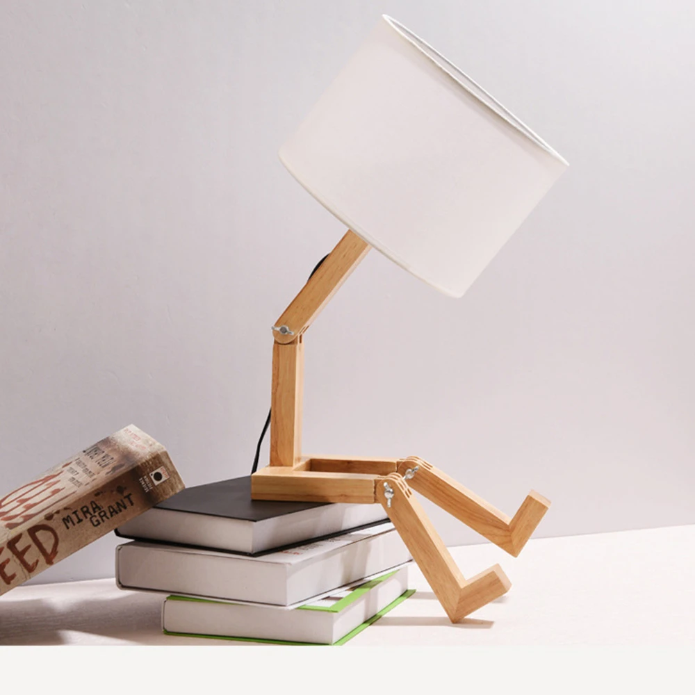 

Modern minimalist table lamp US Plug 220V LED Cute Robot Shape Wooden Desk Lamp Indoor bedroom Benchtop Lighting Headlight