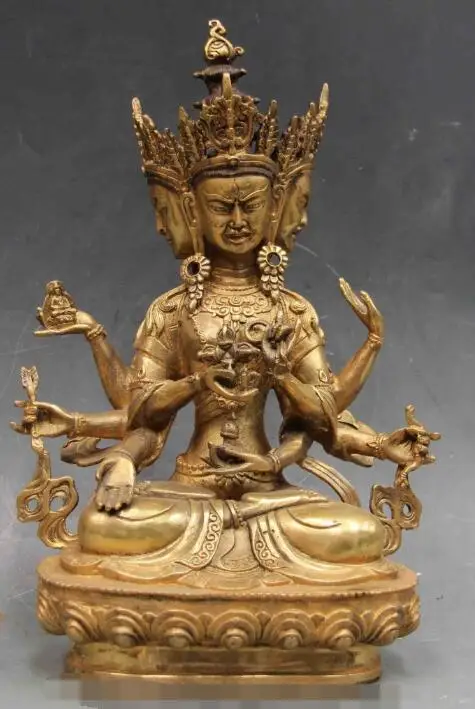 

song voge gem S6249 12 Chinese Bronze Three Face Eight Arm hand Arms kwan-yin Guan Yin Buddha Statue