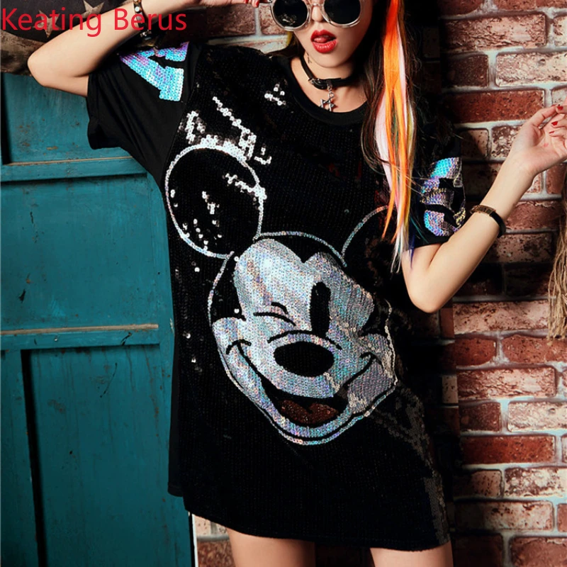 

2019 Fashion Women's Summer Short-sleeved Hip-hop Wind T-shirt Cartoon Mickey Mouse Sequins Shiny Women's Long T-shirt Tops 1650