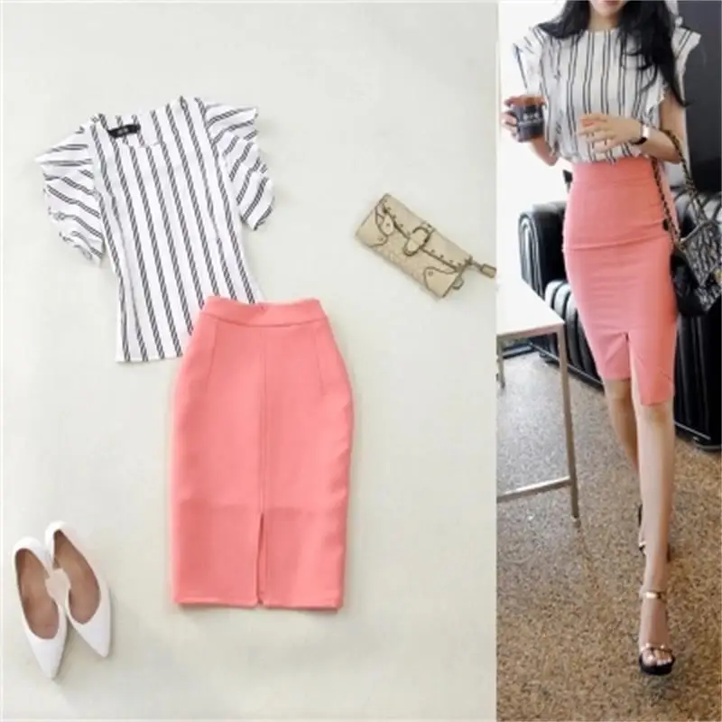 

Fashion suit female large size women's summer New Fashion striped shirt + pink bag hip pencil skirt suit women