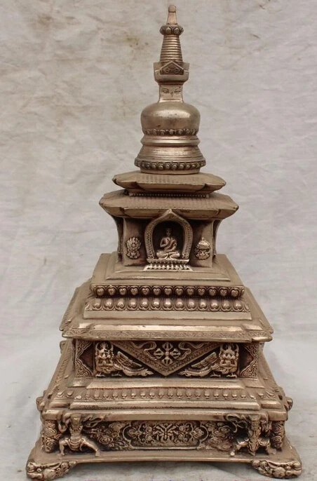 

13"Chinese Silver Ganesha Buddha PhurPa Dagger Lion Phoenix Horse Buddha Stupa S0708