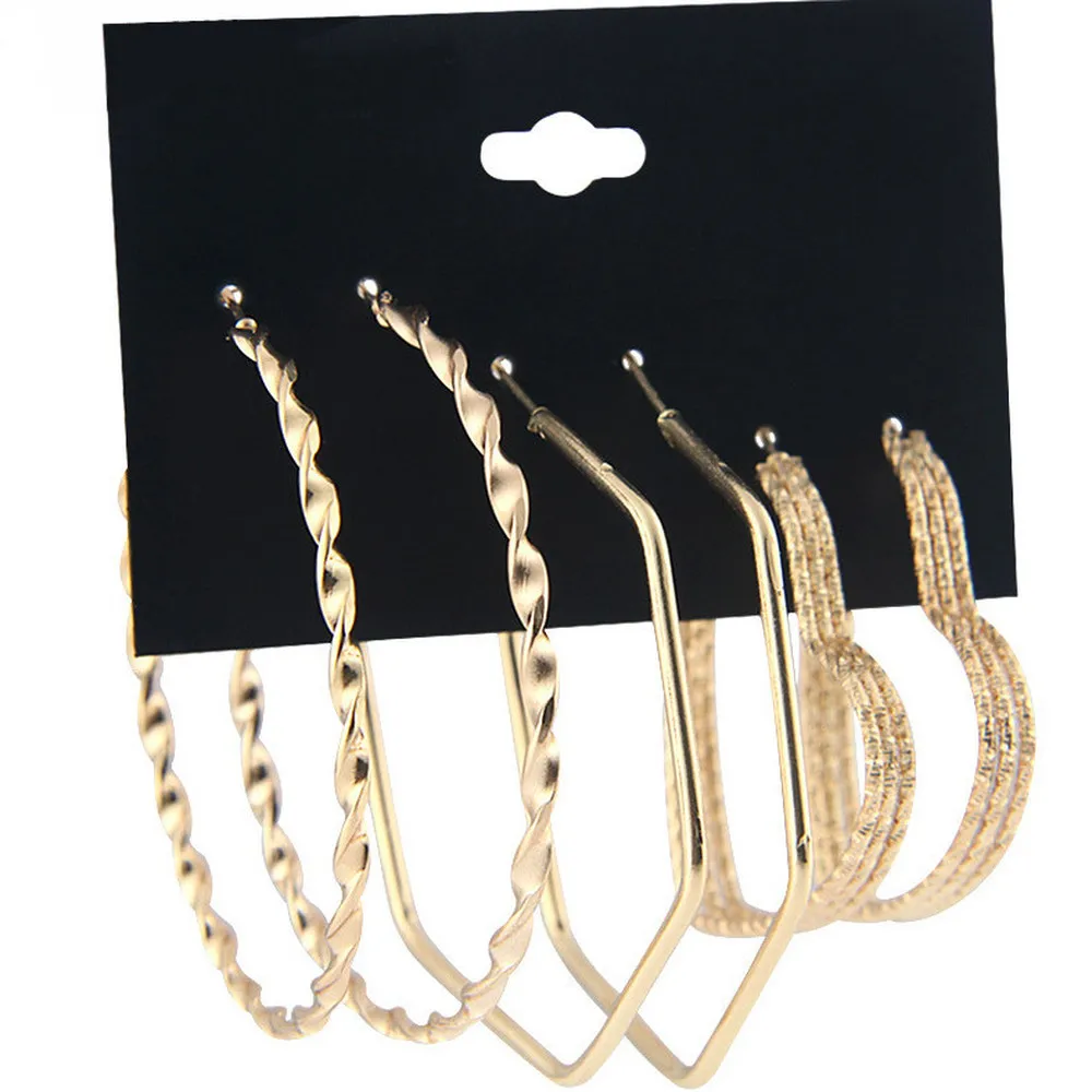 

Punk Oversized Geometry Heart Twist Metal Hoop Earrings Gold Color Large Five-pointed Star Loop Earings For Women 3 Pairs/set