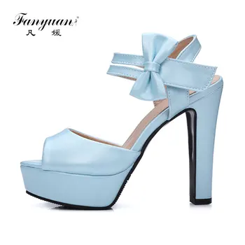 

Fanyuan Fashion Solid Ankle Strap Sandals Sweet Butterfly-knot Wedges High Heels Women Shoes summer platform Shoes