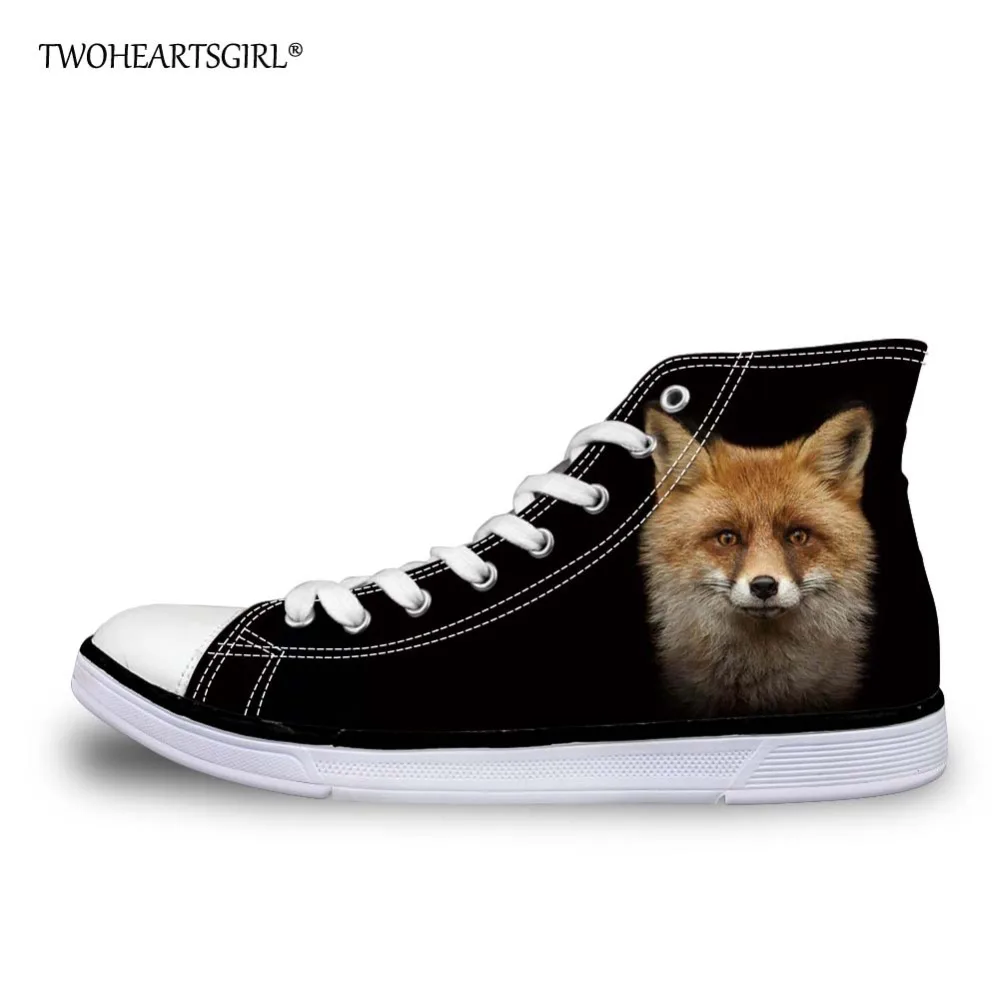 Twoheartsgirl Black Animal Fox Print High Top Canvas Shoes Classic Female Ladies Vulcanize Shoes Personalized Flat Sneakers