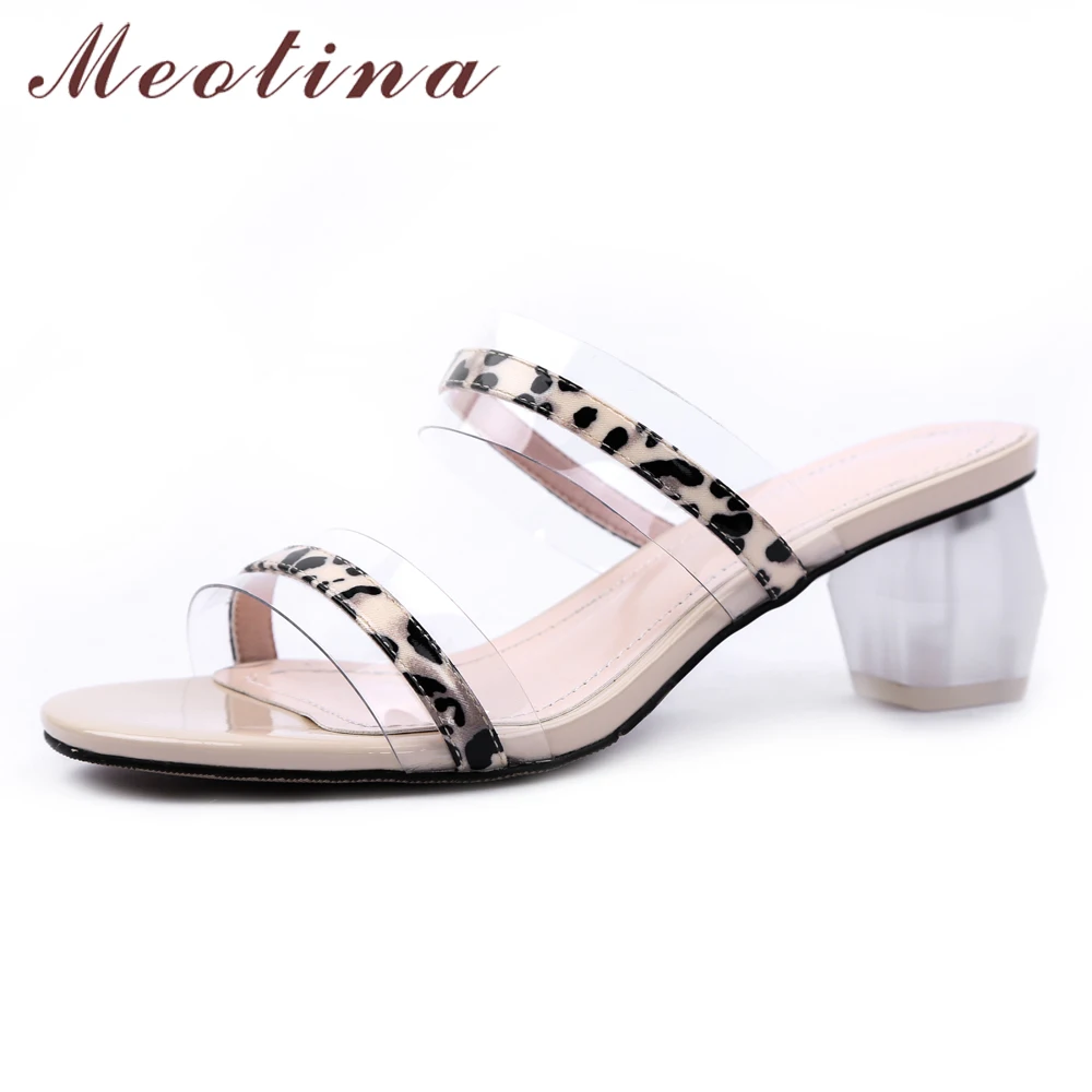 

Meotina Women Shoes Summer Slides Transparent Strange Style Heel Shoes Leopard Open Toe Slippers Female Sandals Plus Size 33-43