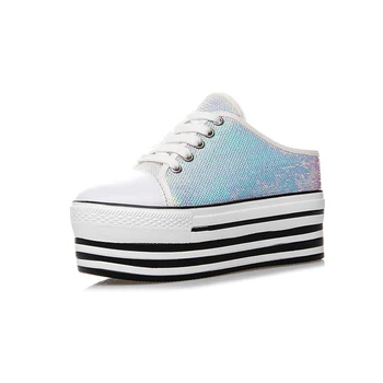 

Women's Platform Slippers 2019 Summer Fashion Sequins Ladies Half Shoes Rubber Sole Woman Summer High Heels Slippers Shoes