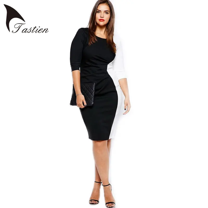 

TASTIEN Newest Fashion Women Elegant Dress Black With White Patchwork Long Sleeve Loose Woman Dresses Bodycon Party Pencil Dress