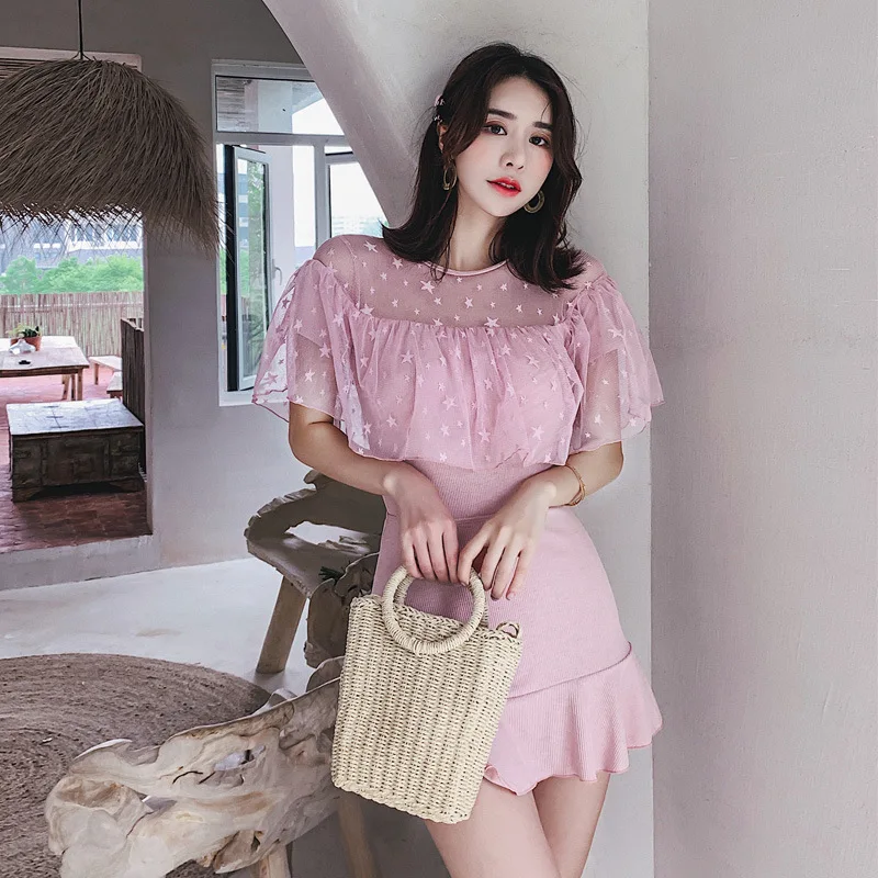 

One-Piece Swimsuits Swimwear 2019 Bathing Suit Women One Piece Large Size Swiming Swimsuit Skirt Split Sexy Mesh Ins Woman Solid