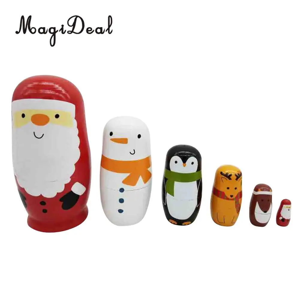 6Pcs Wooden Russian Nesting Dolls Handmade Lovely Toys Cute Santa Claus Matryoshka Cartoon Pattern Dolls Christmas Gifts