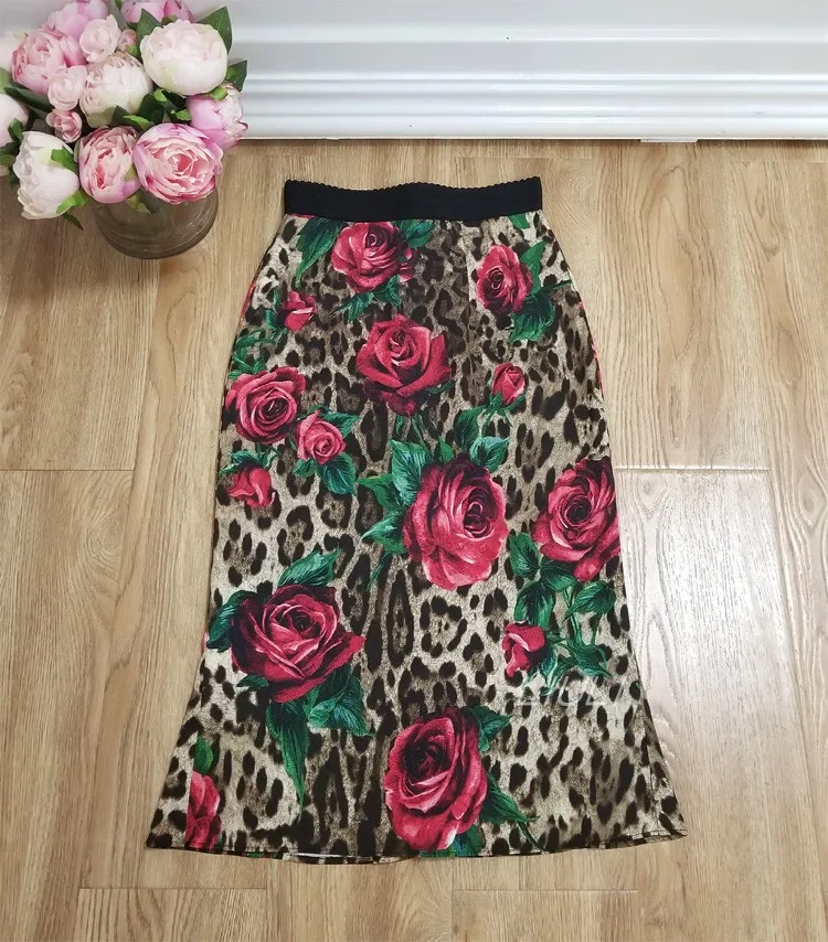 

Women leopard rose hand paint sexy sheath skirt elegant silk skirts new 2019 spring summer runway brand office lady club wear
