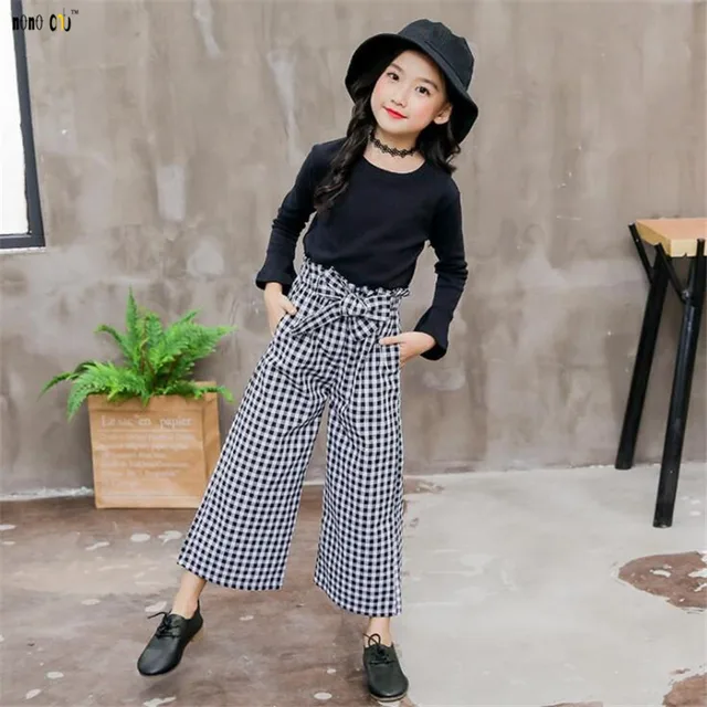 Teenager Girls Clothing Set Children Outfit 2 Pcs Black T Shirt & Plaid ...