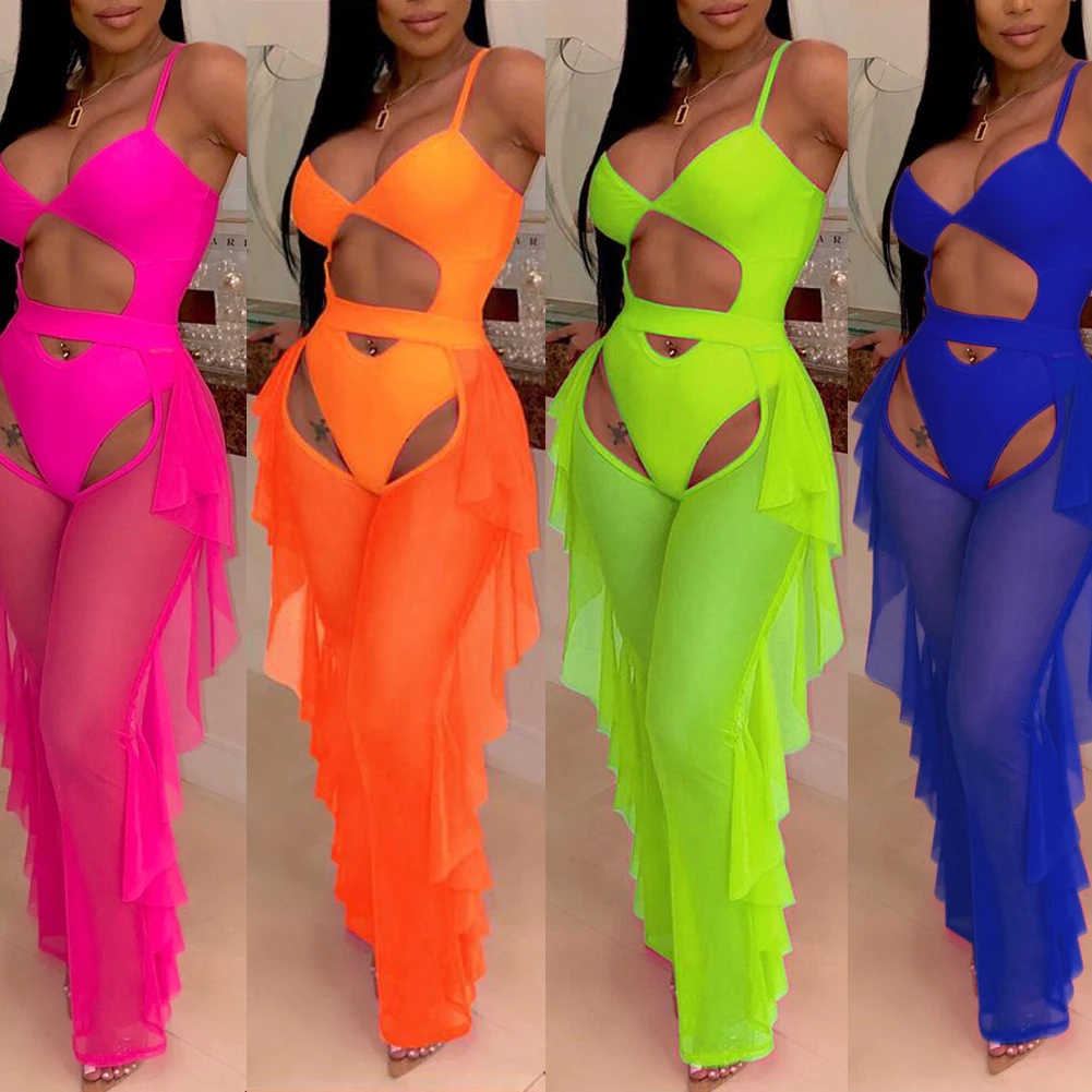 New Summer Women See Though Mesh Ruffle Sheer Wide Leg Pants Trousers Bikini Cover Up Bikini Set Bathing Suit Beachwear