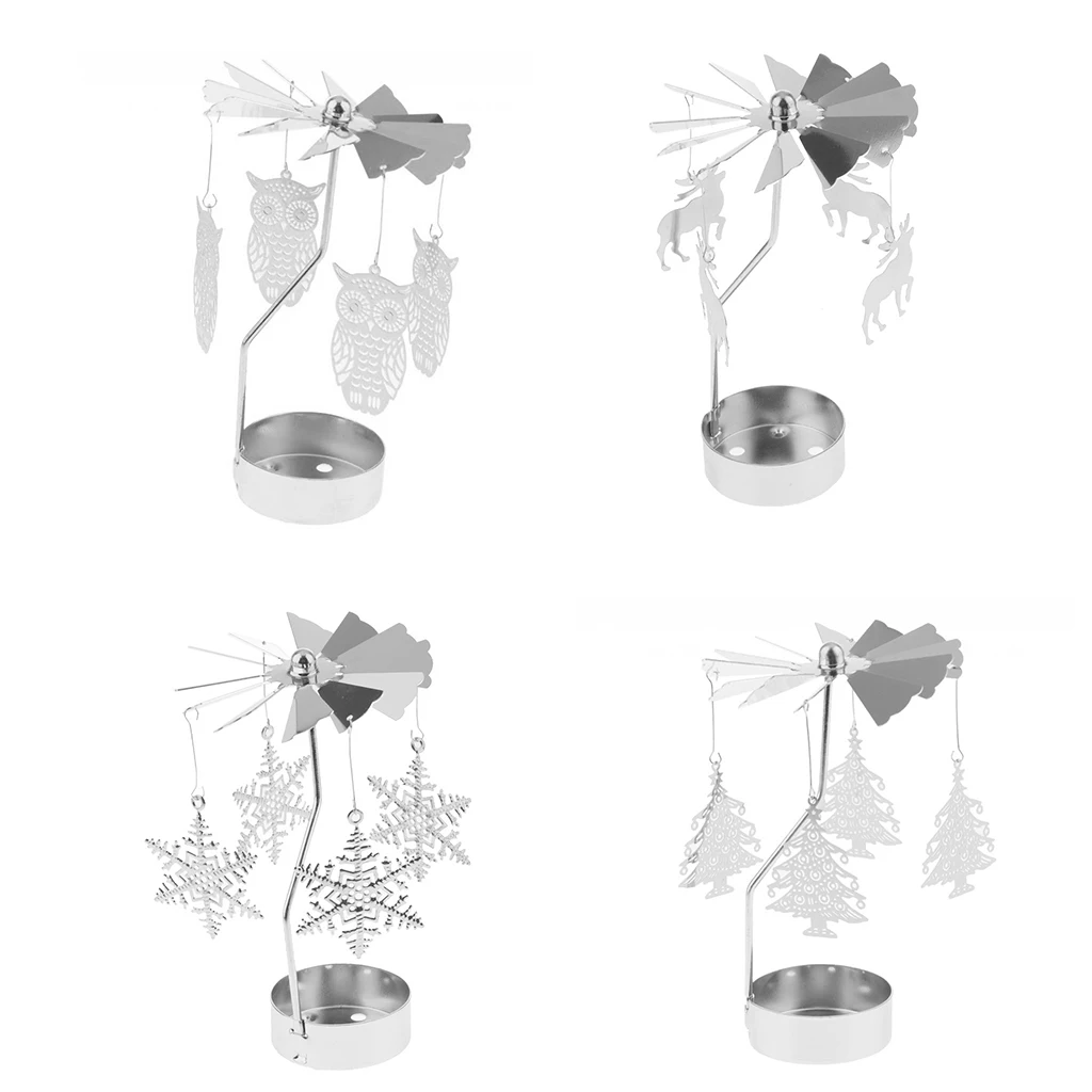 

4pack Christmas Decor Candle Spinner, Rotating Tea Light Candle Holder, Silver, Snowflake/ Elk /Tree /Owl