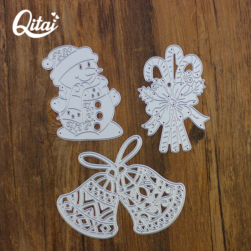 

Original QITAI 3pcs Tool Template Cutting Dies Scrapbooking die cutter DIY Snowman Bell Christmas Candy Stick Production D73