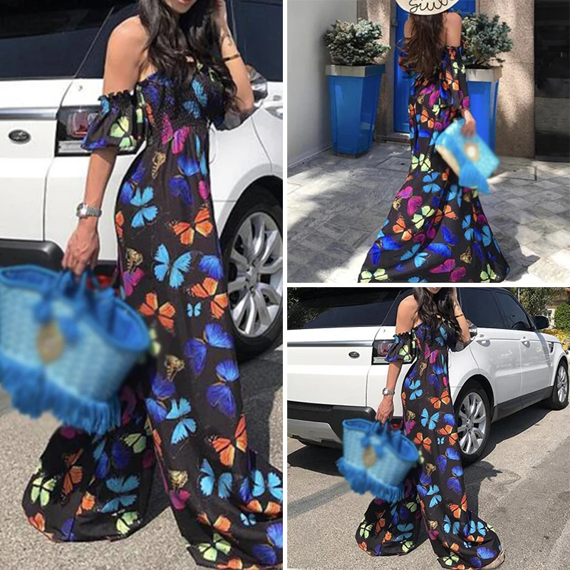 

Summer Women Jumpsuit Butterfly Printed Tube Boho Beach Jumpsuit Wide Leg Female Loose Romper 2019