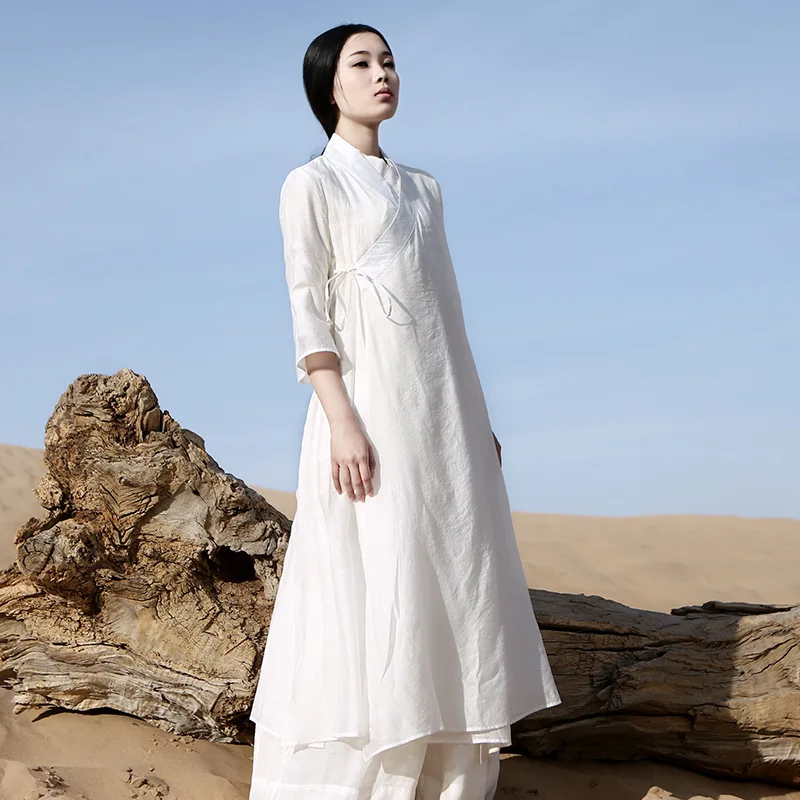 Chinese Traditional Dress Long Sleeve Zen Meditation Tea Dress Clothes Women Cotton Clothing Robe White