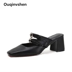 Ouqinvshen пряжка кожа туфли без пяток на высоких каблуках квадратный носок лаконичные модные белые женские шлёпанцы для женщин Открытый