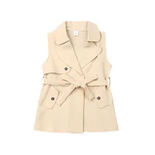 Коллекция года, детское пальто для девочек, платье-куртка в английском стиле, детское платье-Тренч без рукавов для девочек прямое платье на шнуровке с отворотами