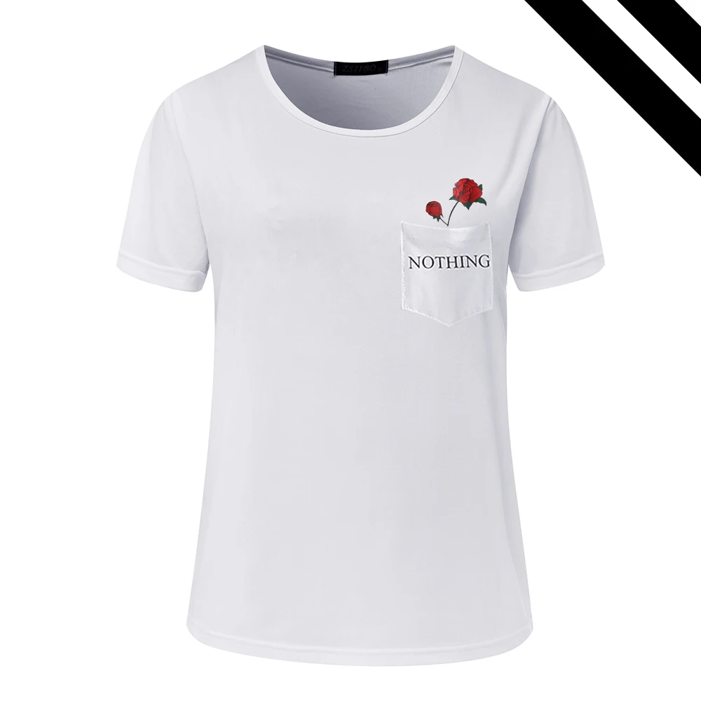 

2019 Summer Women T Shirt Casual Loose Female Tops Tees Pocket Rose Printing O Neck Short Sleeves Plus Size Basic Clothing
