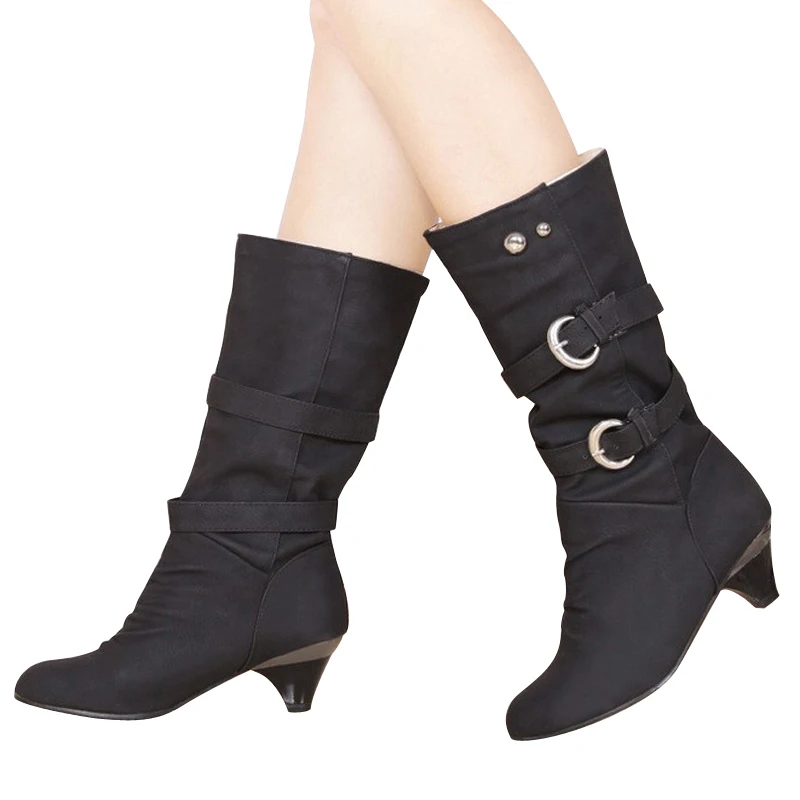 HEE GRAND/женские ботинки на низком каблуке осенние ботинки до середины икры с пряжкой элегантные туфли-лодочки без застежки женская обувь, Размеры 35-39, XWX931 - Цвет: black