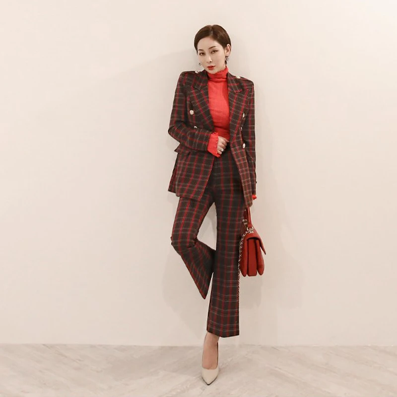 

New arrival women professional temperament fashion thick warm plaid suit work style pant comfortable vintage OL wild pant suits