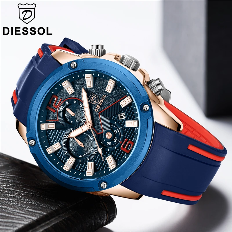 

DIESSOL Mens Watches Top Brand Luxury Gold Quartz Watch Men Casual Rubber Band Military Waterproof Sport Watch Relogio Masculino