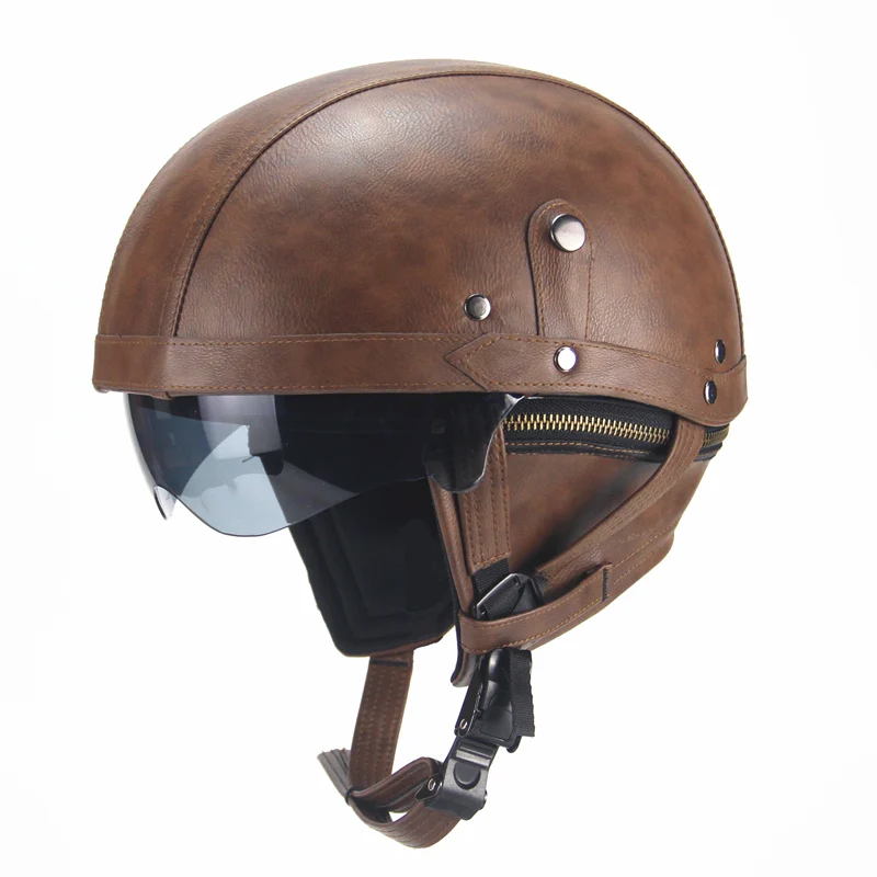 Черные кожаные шлемы для взрослых, для мотоцикла, ретро, полукруизный шлем, мотоциклетный шлем с двумя линзами