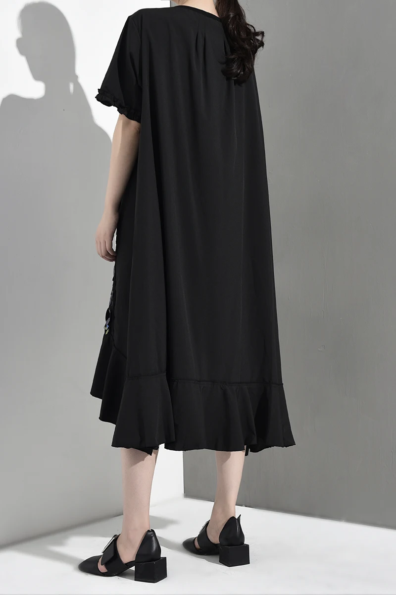 [EAM] Новое весенне-летнее платье с круглым вырезом и коротким рукавом, черное платье с блестками, длинное платье большого размера, женское модное платье JR7550
